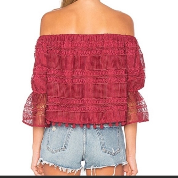 Tularosa Alexa Crochet Lace Cropped Off The Shoulder Boho Pom Pom Maroon Top - Picture 10 of 13